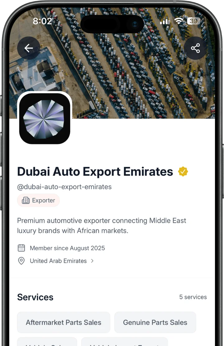 A verified exporter's profile in the Motorpalz app