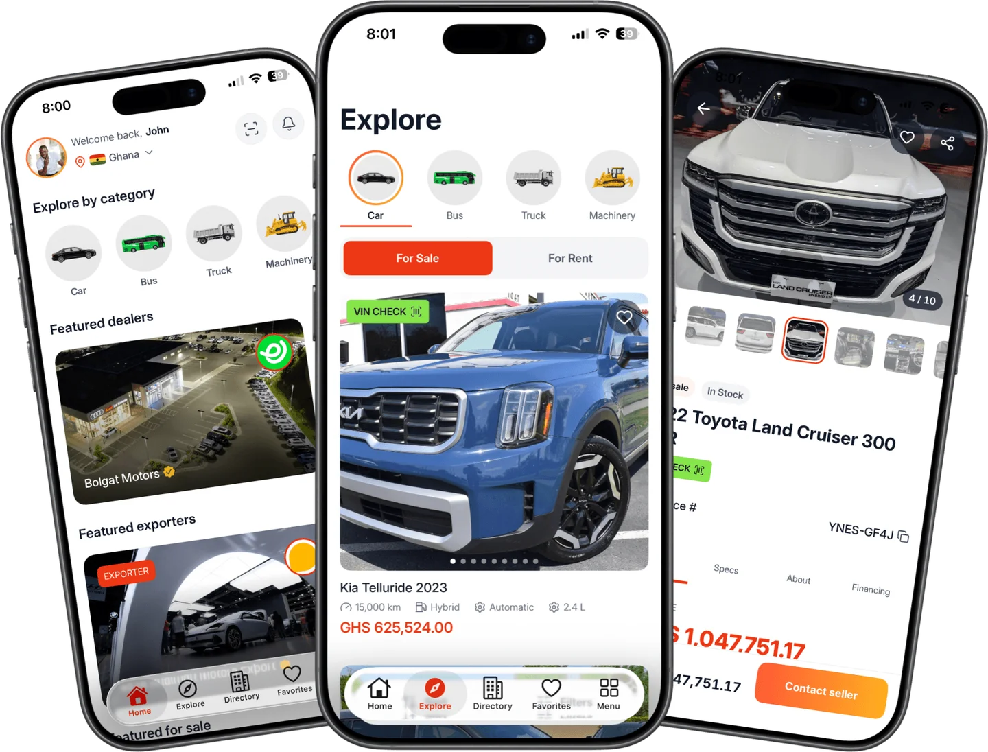 The Motorpalz app on three iPhones: home, vehicles for sale and a listing
