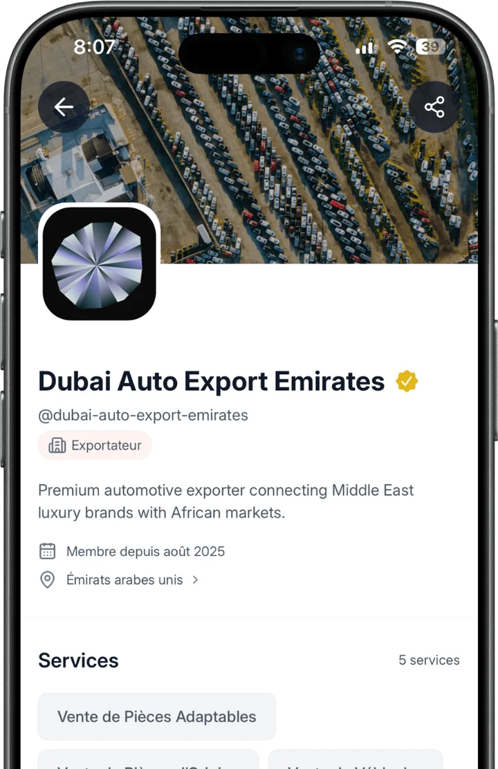 Le profil d’un exportateur vérifié dans l’app Motorpalz